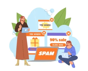 Fix Your Email Deliverability: Visualizing the frustration of spam folders with users receiving unwanted emails on various devices.