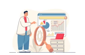 SEO Audit Checklist: Person Analyzing Website Data with Magnifying Glass to Improve Search Rankings.