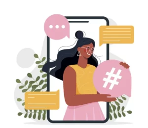 High-Converting Ad Campaigns 2025: Woman with Hashtag and Smartphone for Digital Advertising Success.
