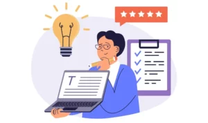 Digital Marketing Trends Implementation: Visualizing key elements for future success, including content creation, innovative ideas, positive reviews, and strategic planning.
