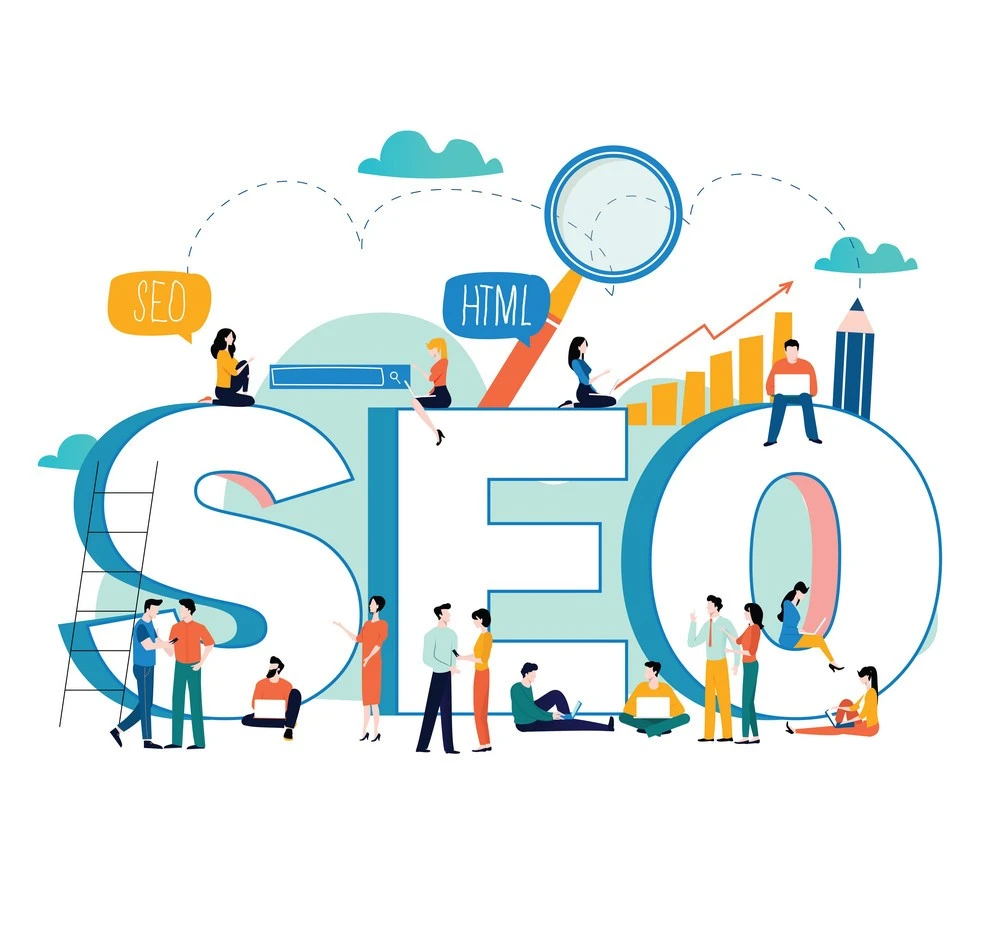 Team members working on SEO strategies around a large 'SEO' graphic.