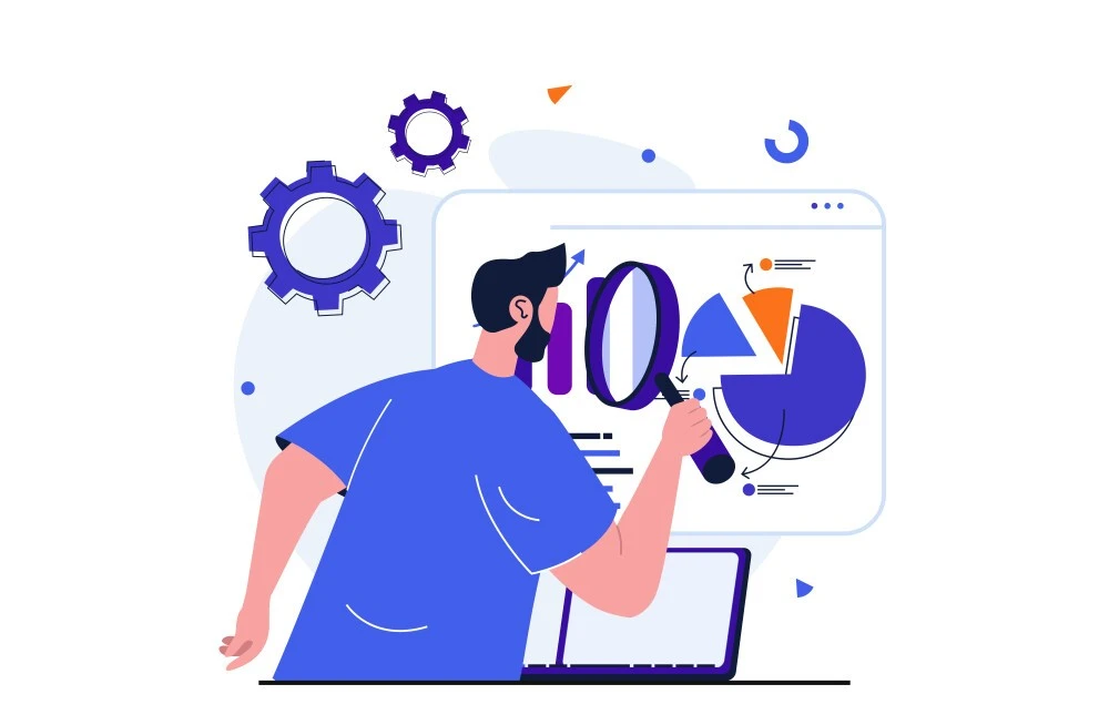 SEO expert analyzing on-page elements with a magnifying glass.