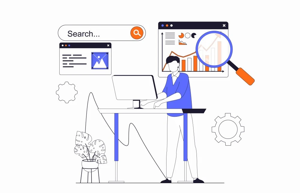 SEO expert analyzing data with a magnifying glass