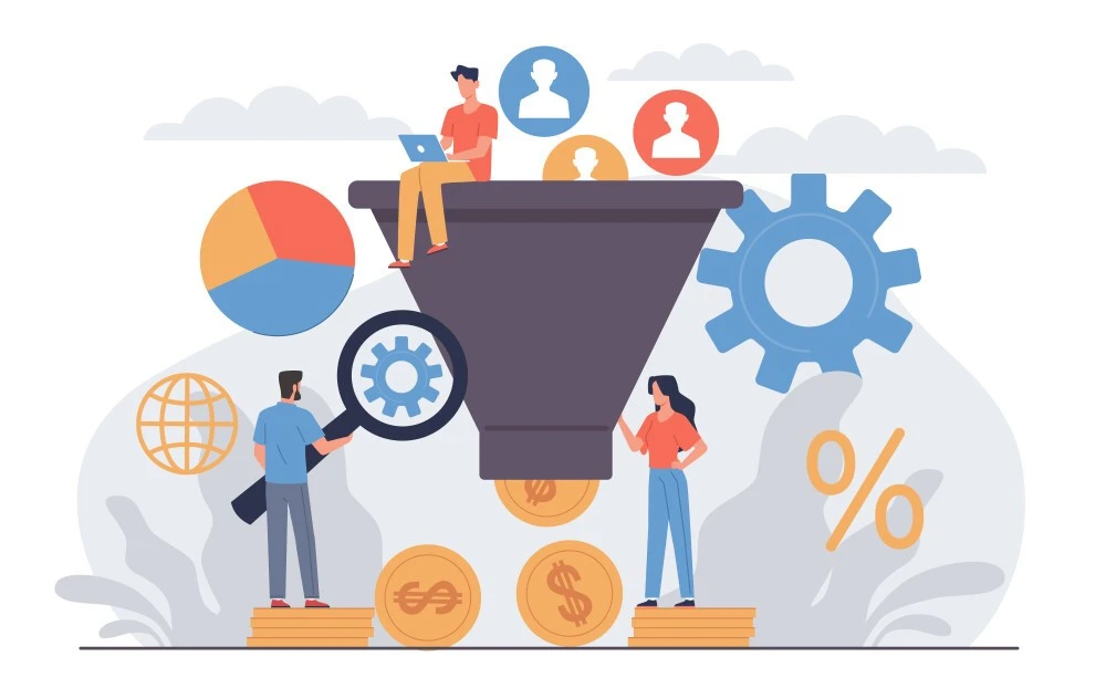 Team members working around a sales funnel to generate qualified leads.
