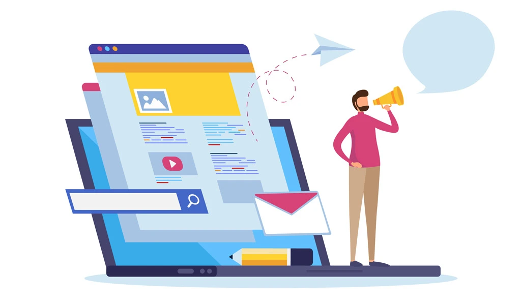 A professional using a megaphone to amplify the reach of digital ads, surrounded by tools like laptops and speech bubbles, symbolizing effective ad campaign strategies.