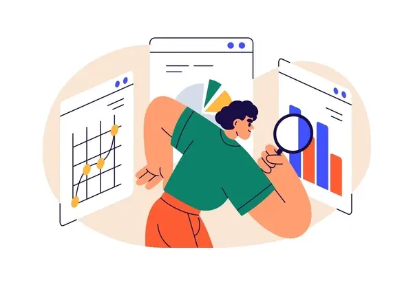 Marketer analyzing data with a magnifying glass.