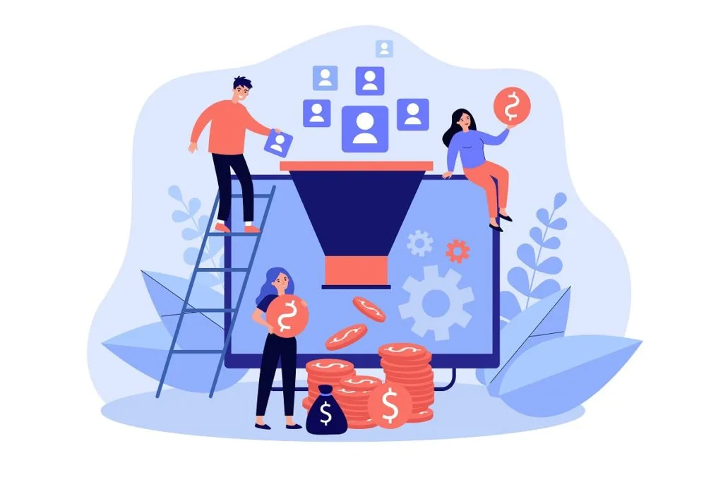 Illustration of a Lead Generation Funnel Converting Prospects into Revenue and Closed Deals.